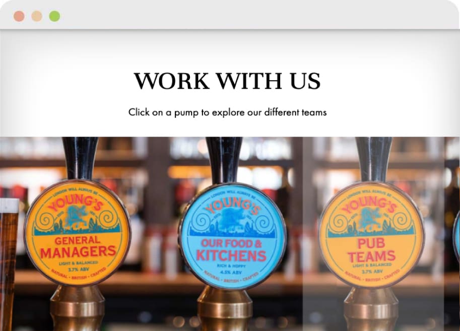 Talos360 an ideal ATS for hospitality hiring 1 Innovative careers site navigation created by Talos360 to promote hospitality recruitment for Young's